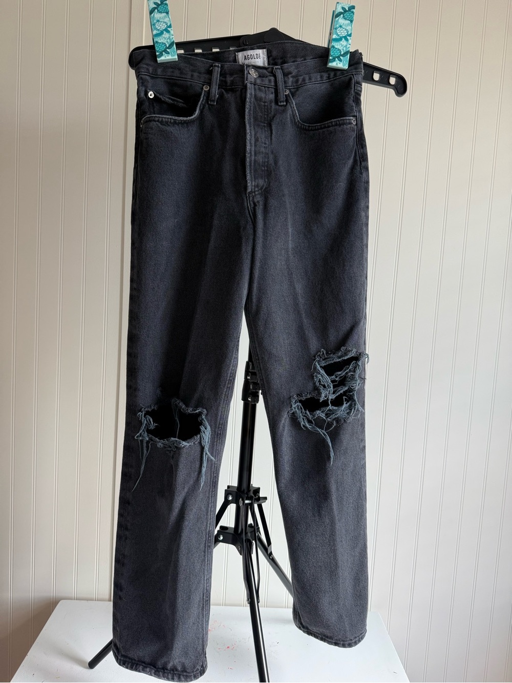 Agolde 90s Black Straight-Leg Distressed Jeans Size 27 Destroyed Streetwear